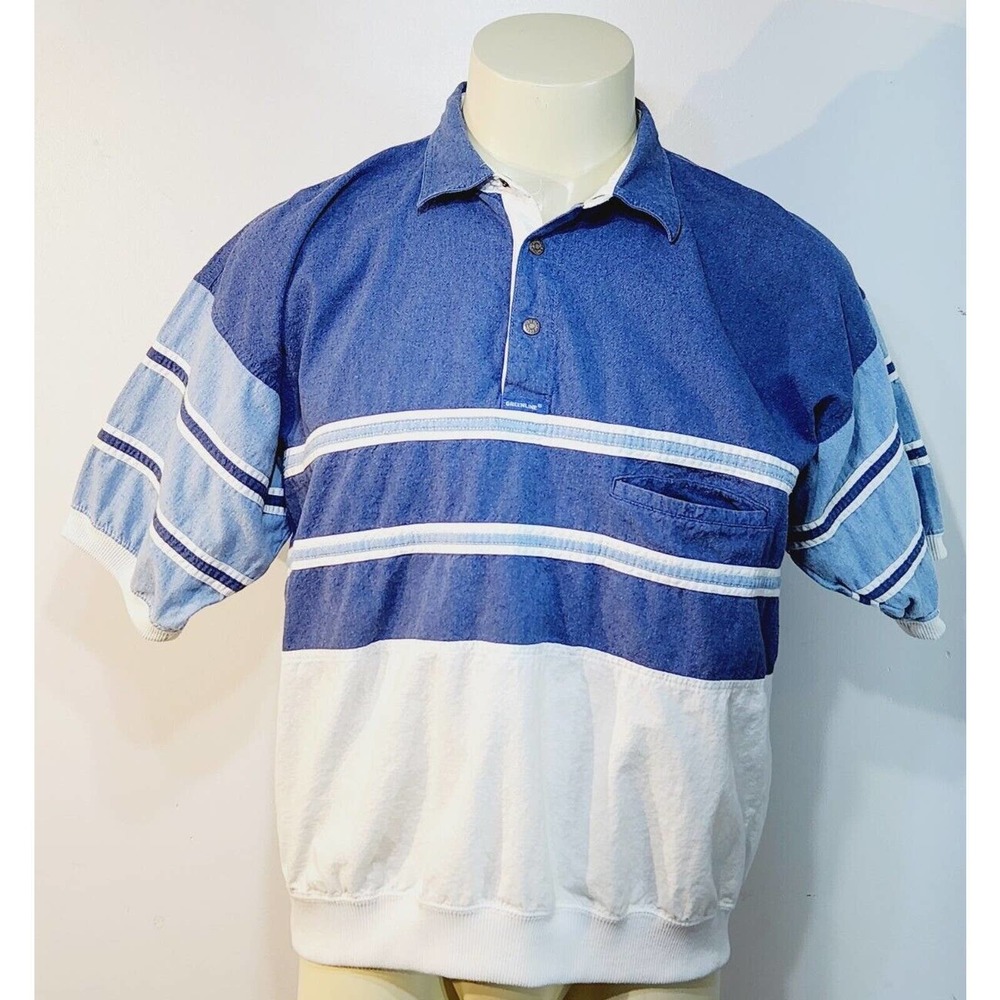 Mens Vintage Greenline International Stripe Golf Polo Single Pocket Short Sleeve